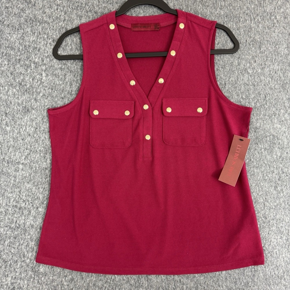 NEW Love Scarlett Sleeveless Blouse Womens Large Pink Gold Button Career Top